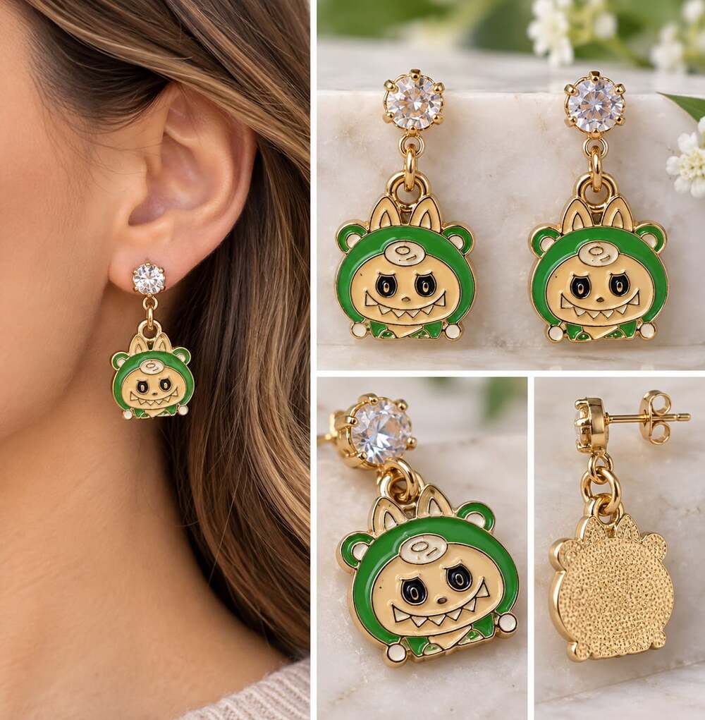 Labubu Monster Green Character Dangle Stud Earrings